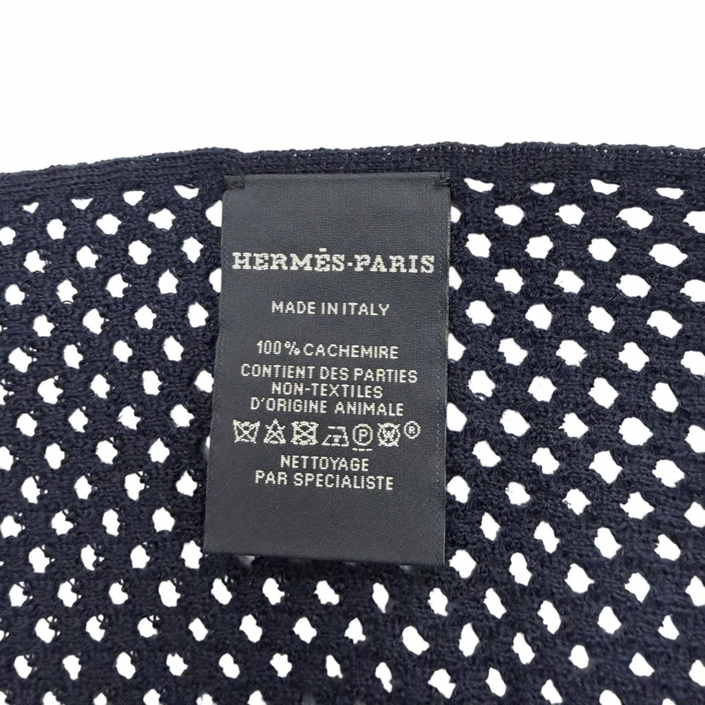 Hermes Cashmere Mesh Leather with Patch Knit Large Shawl Scarf Navy — view 6
