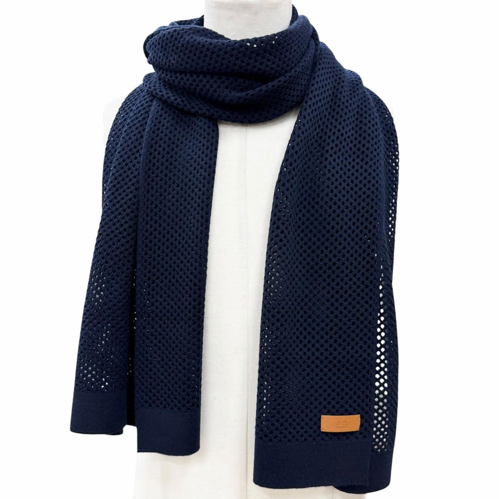 Hermes Cashmere Mesh Leather with Patch Knit Large Shawl Scarf Navy — view 2