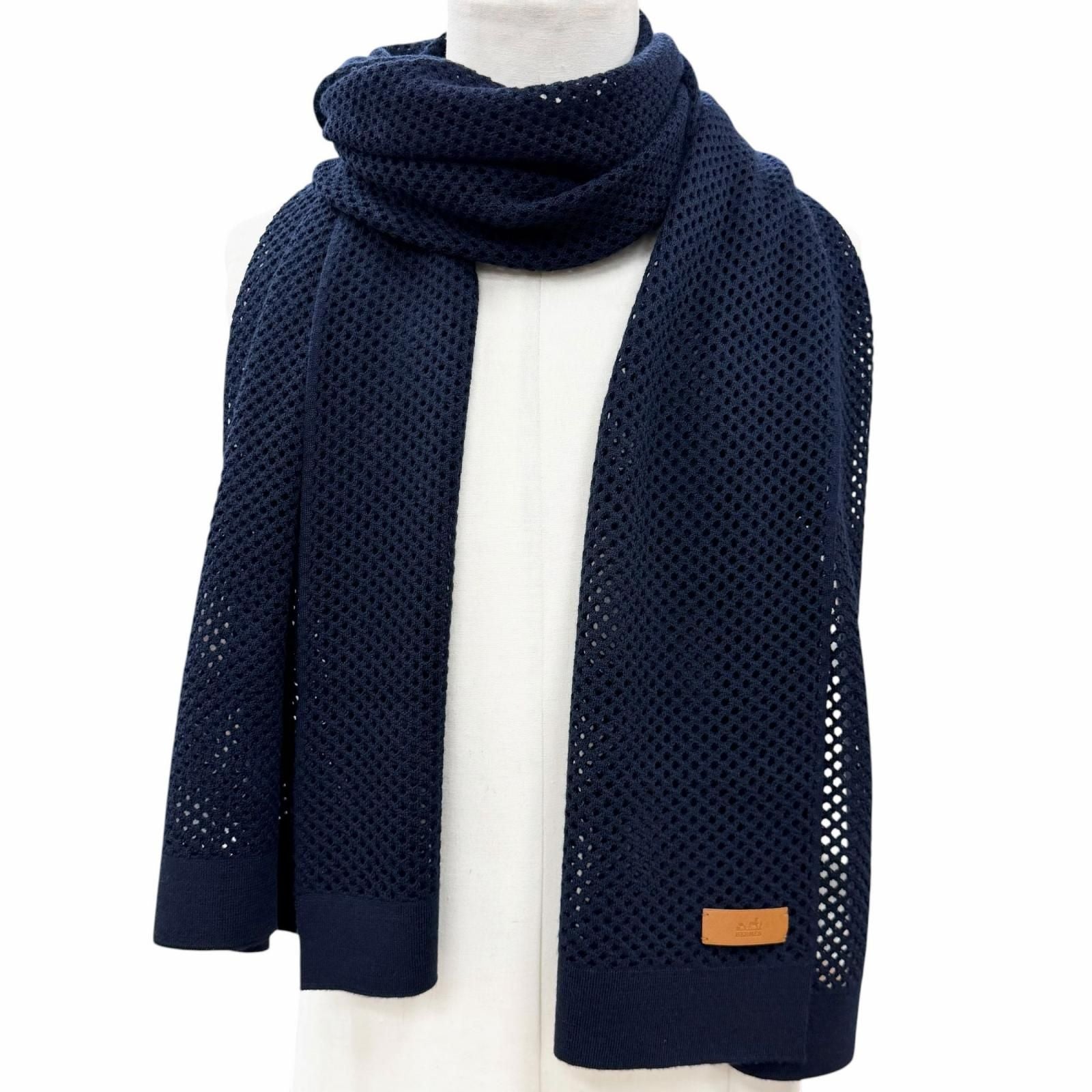 Hermes Cashmere Mesh Leather with Patch Knit Large Shawl Scarf Navy — view 2