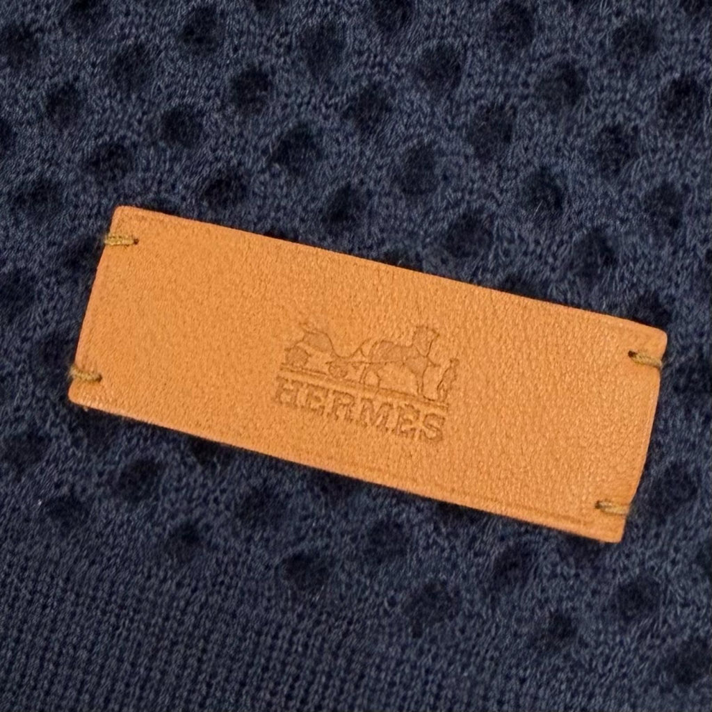 Hermes Cashmere Mesh Leather with Patch Knit Large Shawl Scarf Navy — view 5