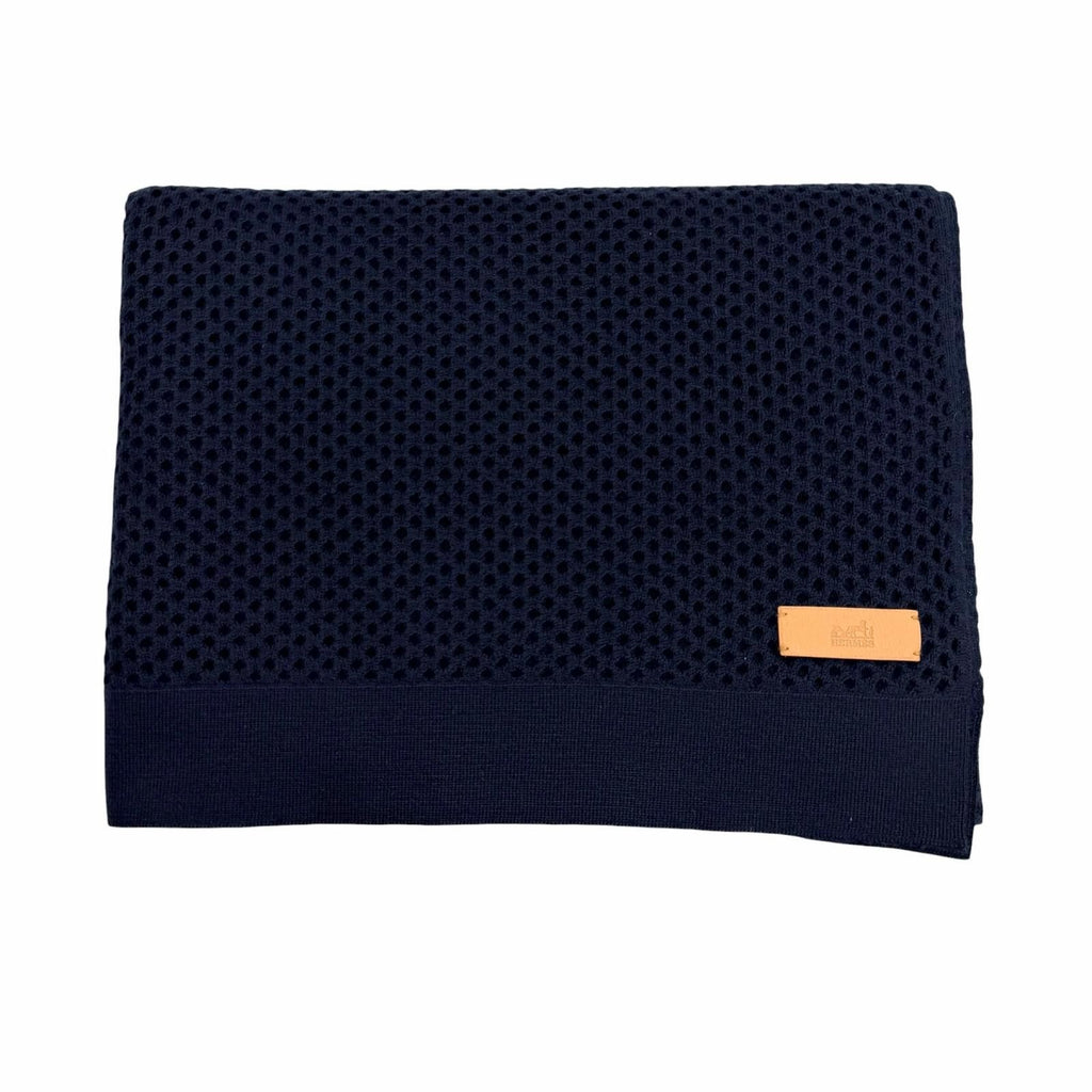 Hermes Cashmere Mesh Leather with Patch Knit Large Shawl Scarf Navy