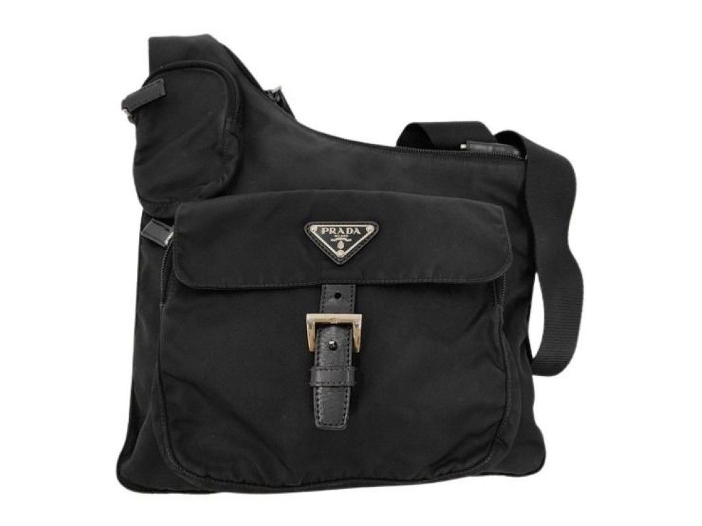 Prada Shoulder Bag Triangle Logo Black Nylon Silver