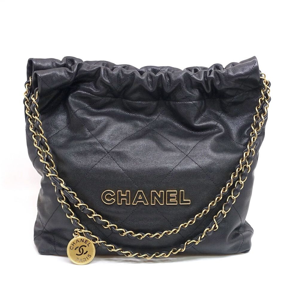 Chanel Small 2-Way Bag Hand Shoulder Caviar Leather Black Gold