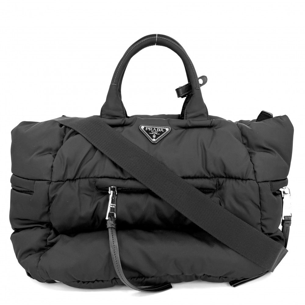 Prada 2-Way Bomber Triangle Logo Shoulder Bag Crossbody Tote Nylon Black Silver
