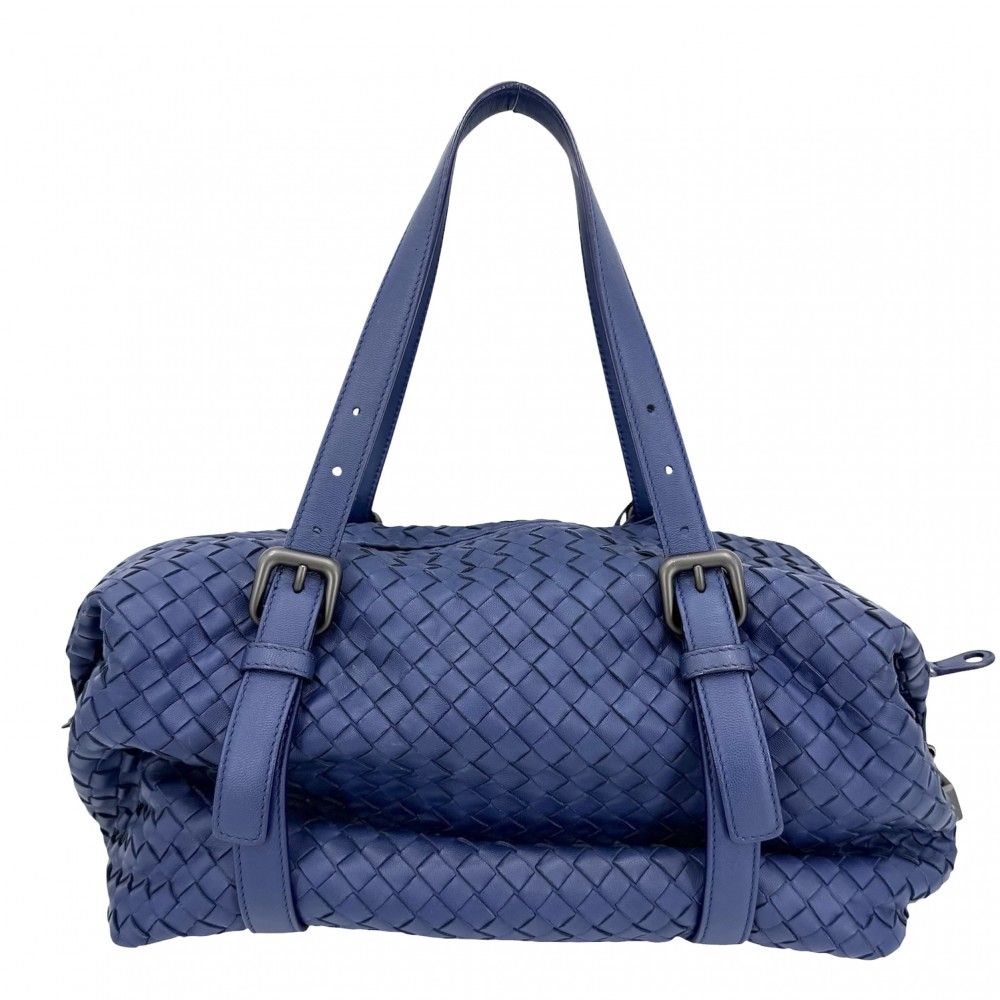 Bottega Veneta Intrecciato Montaigne Tote Shoulder Bag Leather Blue Matte Black