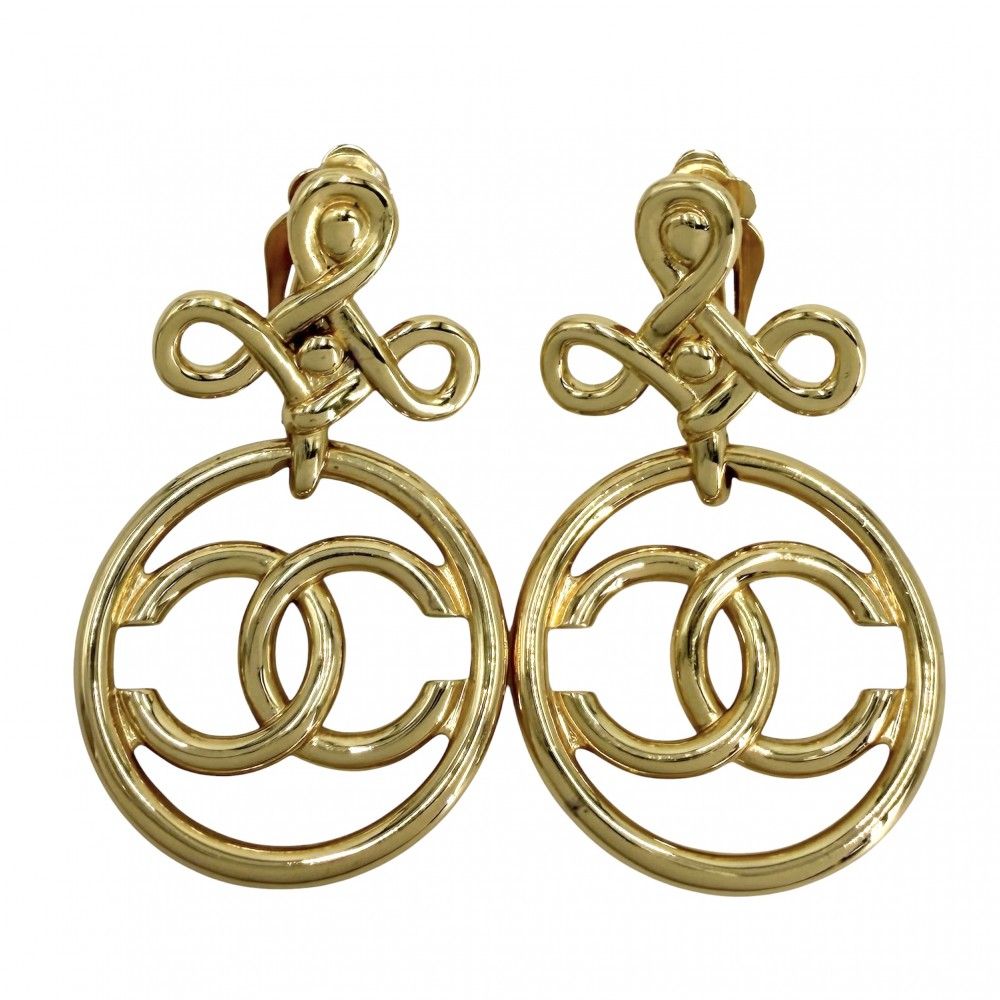 Chanel Earrings CC Logo Vintage Swing Round Gold Plated