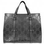 Gucci Tote GG Embossed Handbag Shoulder Leather Black Silver