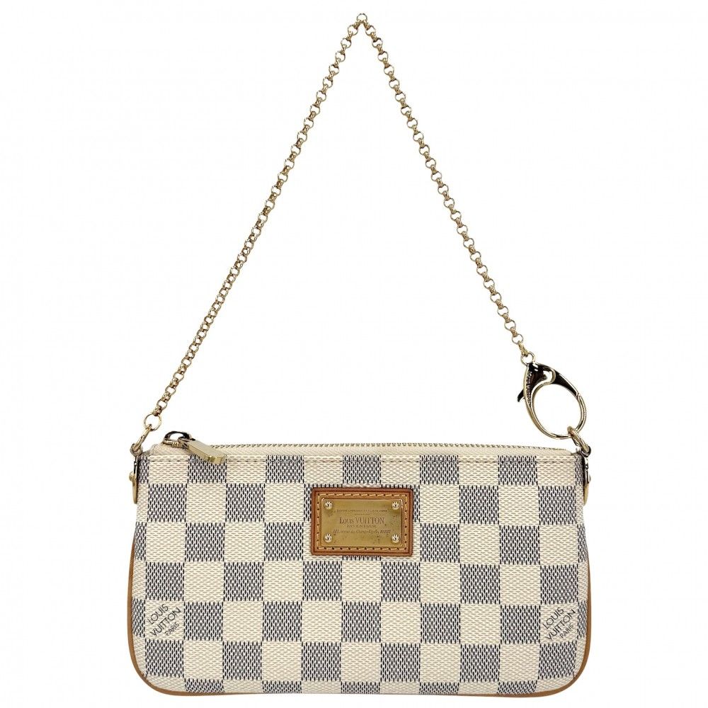 Louis Vuitton Handbag Pochette Mila MM Pouch Chain Damier Azur Canvas White Gold