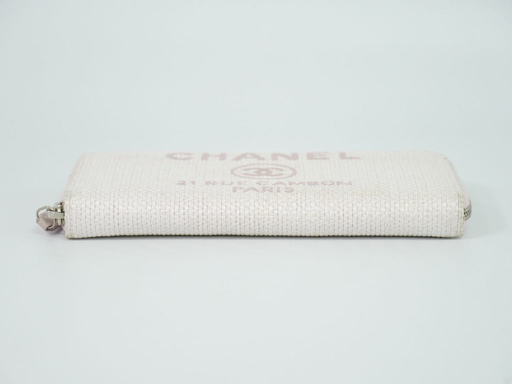 Chanel Deauville CC Logo Zip Around Wallet Canvas White Pink — view 3