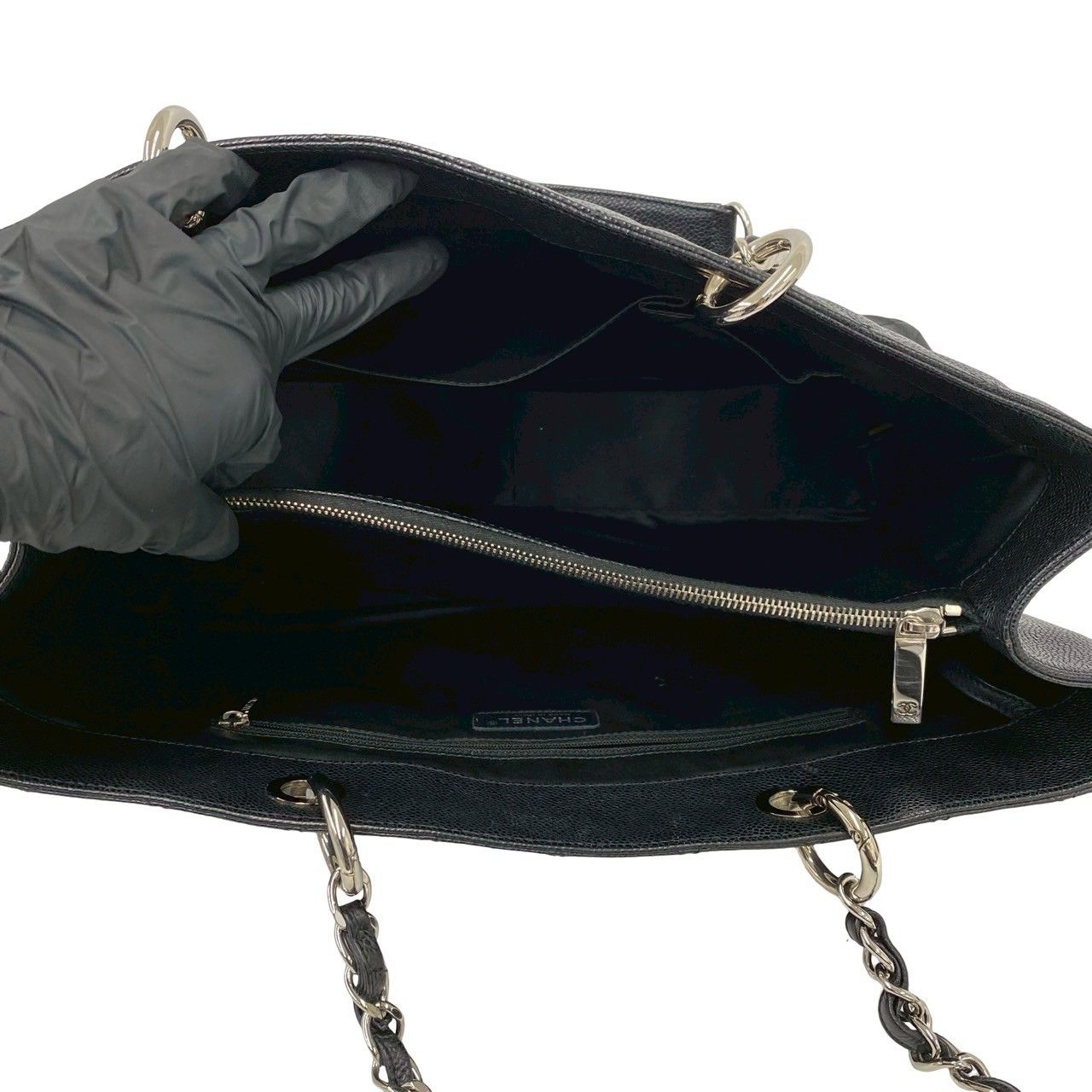 Chanel And Quilted CC Logo Caviar Leather Chain Tote Black — view 9