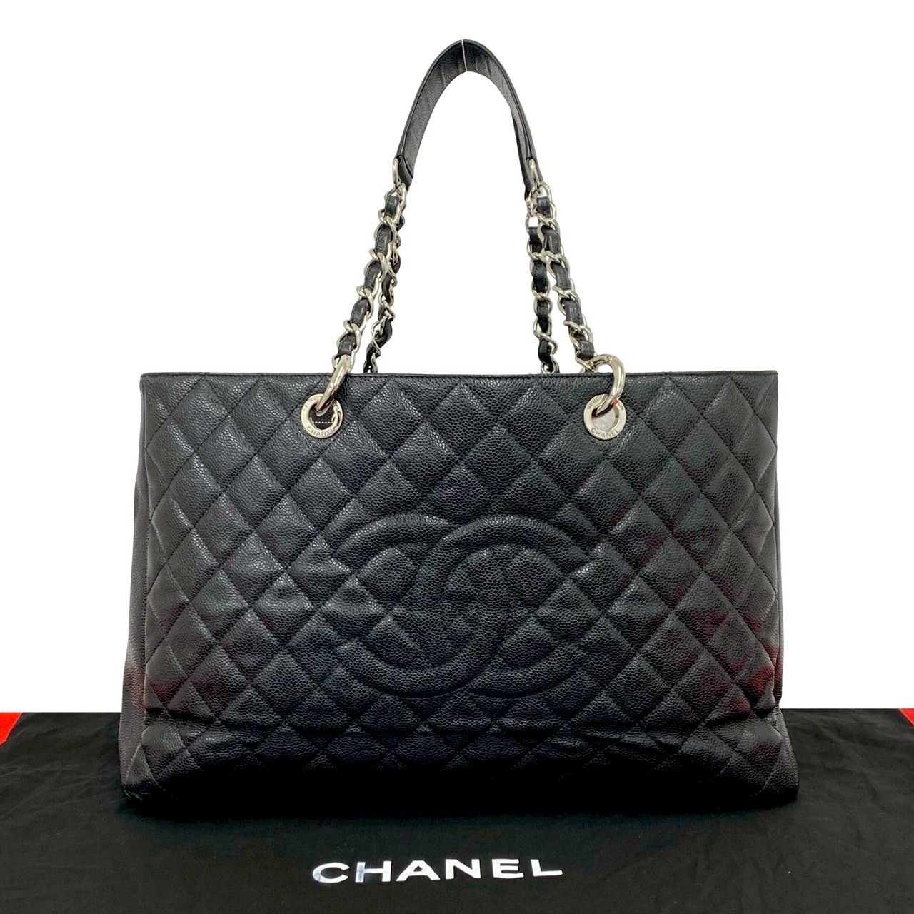 Chanel And Quilted CC Logo Caviar Leather Chain Tote Black