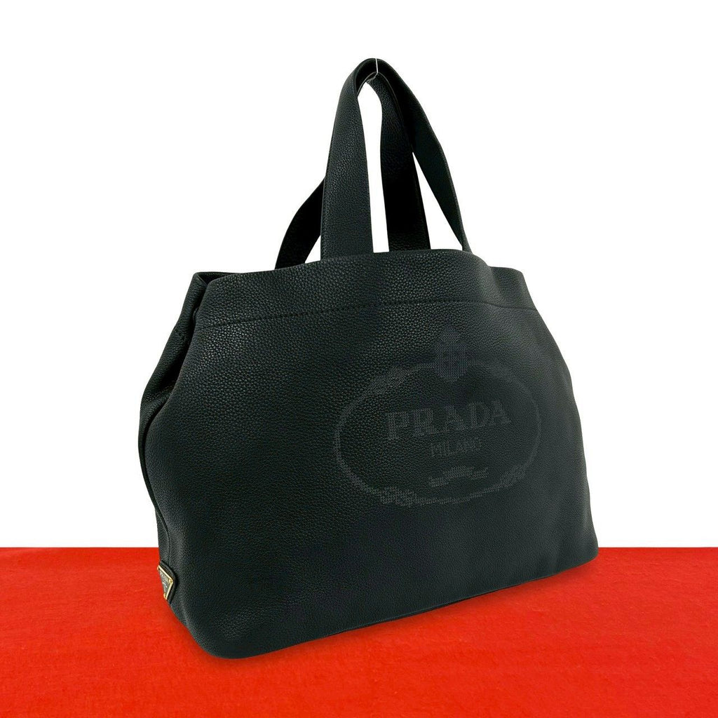 Prada Triangle Logo Perforated Vitello Daino Leather Handbag Mini Tote Black