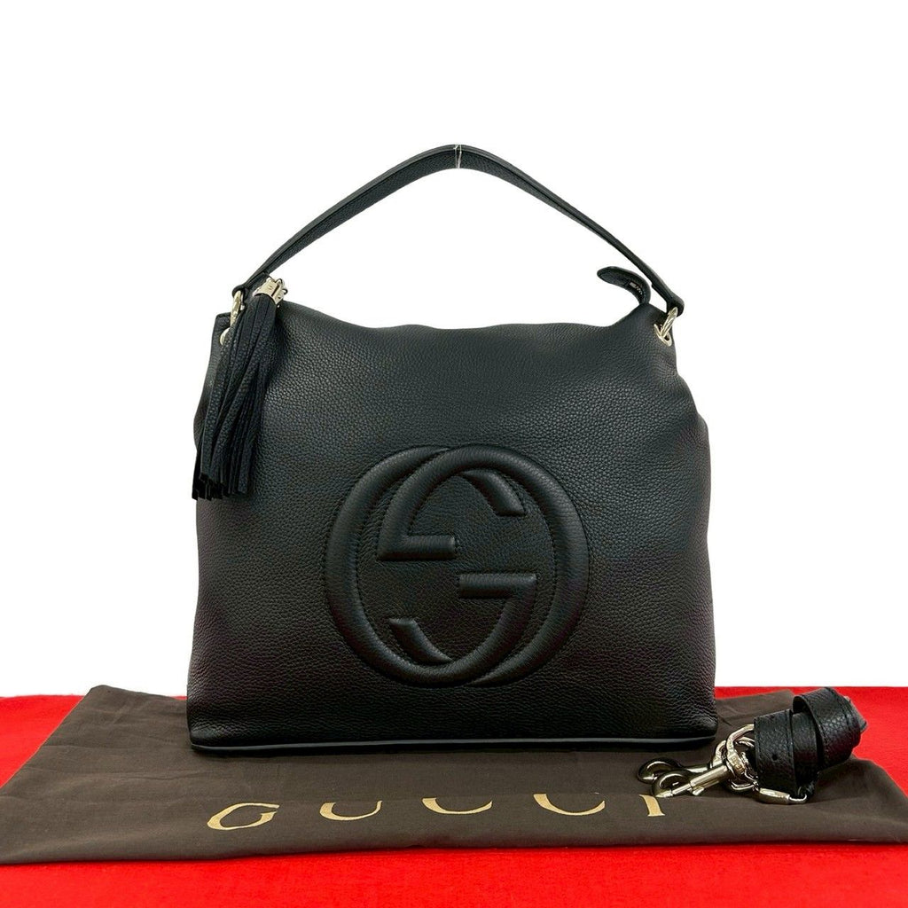 Gucci Soho Interlocking Embossed Leather Tassel 2-Way Shoulder Bag Black