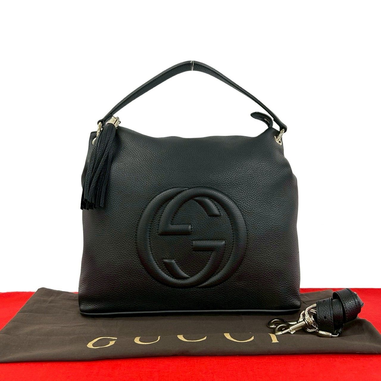 Gucci Soho Interlocking Embossed Leather Tassel 2-Way Shoulder Bag Black