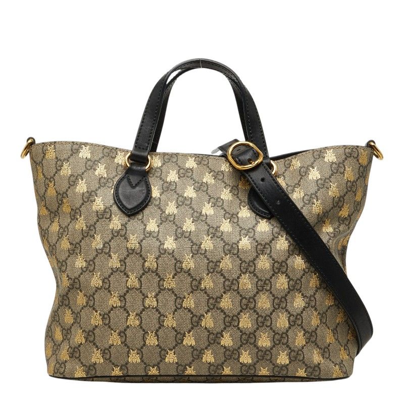 Gucci GG Supreme Beige 2-Way Shoulder Bag Black Leather