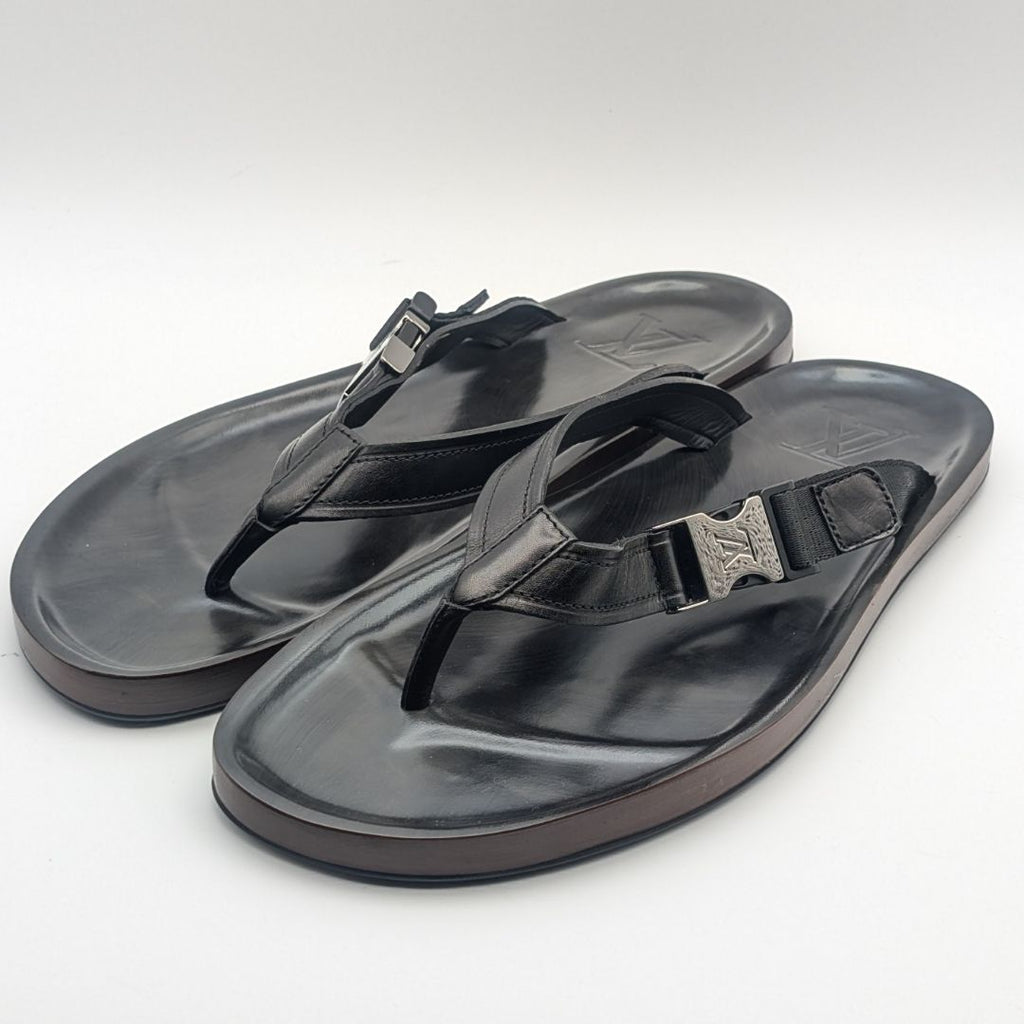 Louis Vuitton Leather LV Logo Black Sandals Thong Beach