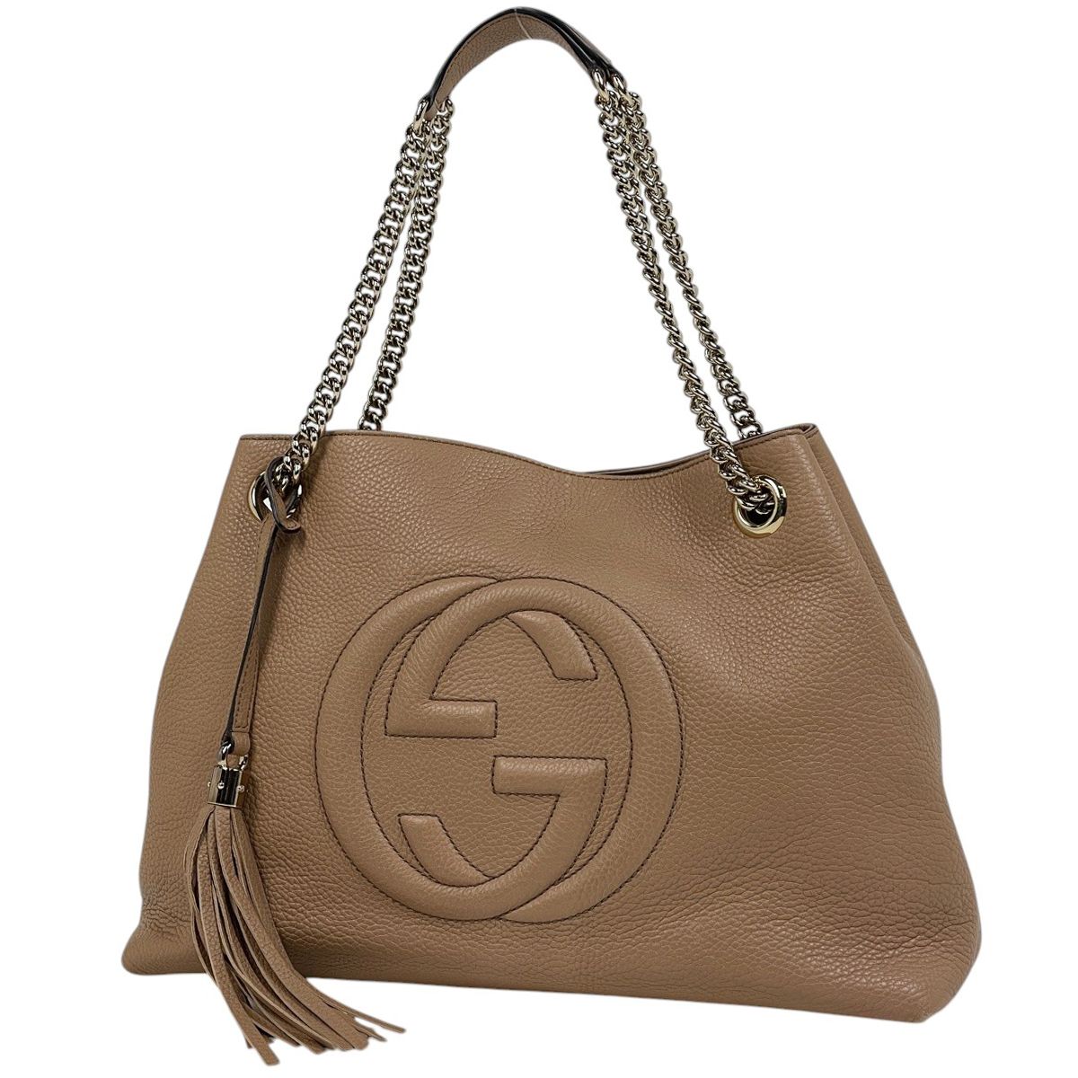Gucci Soho Chain Shoulder Bag Tote Fringe Interlocking Leather Beige