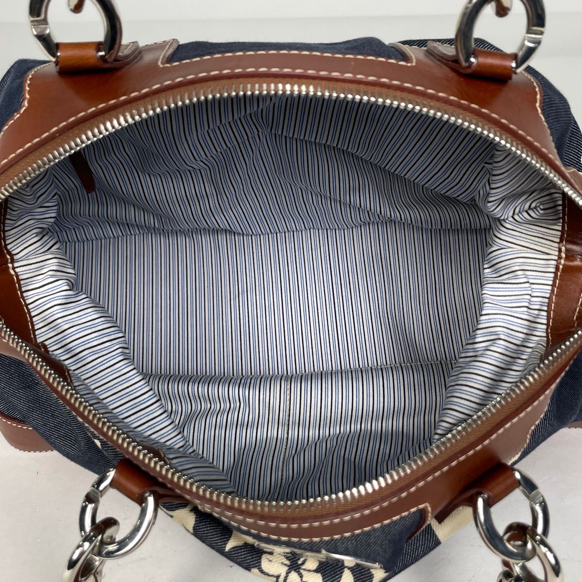Celine Blason Handbag Hibiscus Denim Navy Brown — view 7