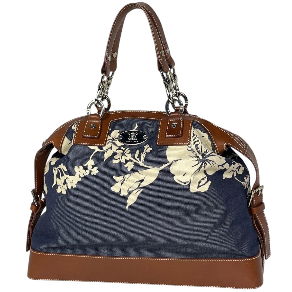 Celine Blason Handbag Hibiscus Denim Navy Brown