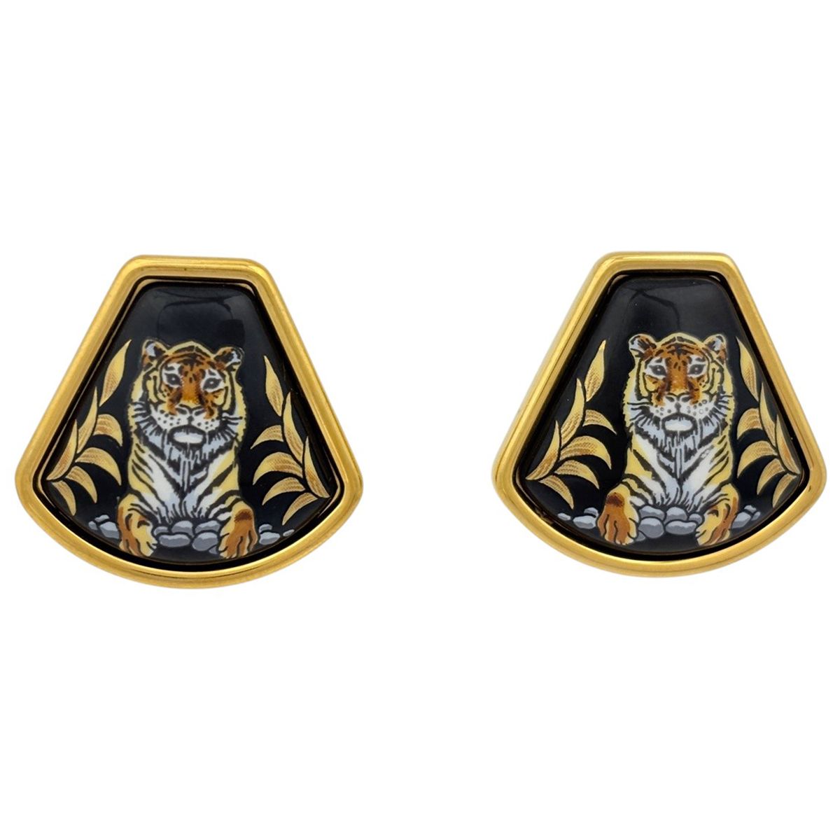 Hermes Enamel Earrings Cloisonne Gold Plated Black