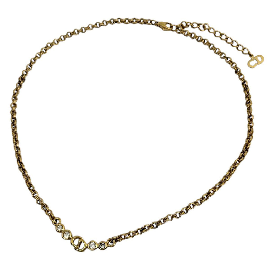 Dior Logo Rhinestone Necklace Gold Plated