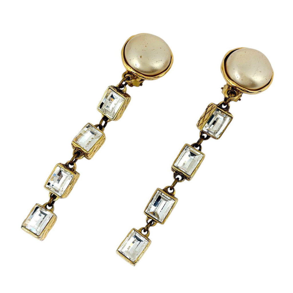 Chanel Faux Pearl Earrings Swing Gold Plated