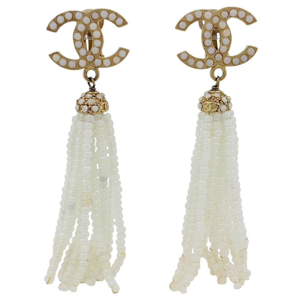Chanel CC Logo Faux Pearl Earrings Swing Gold Plated