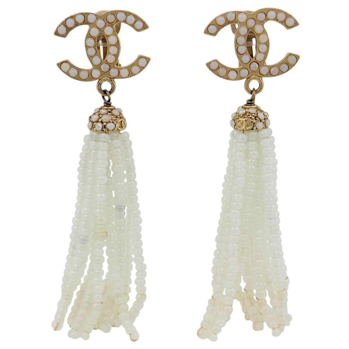 Chanel CC Logo Faux Pearl Earrings Swing Gold Plated