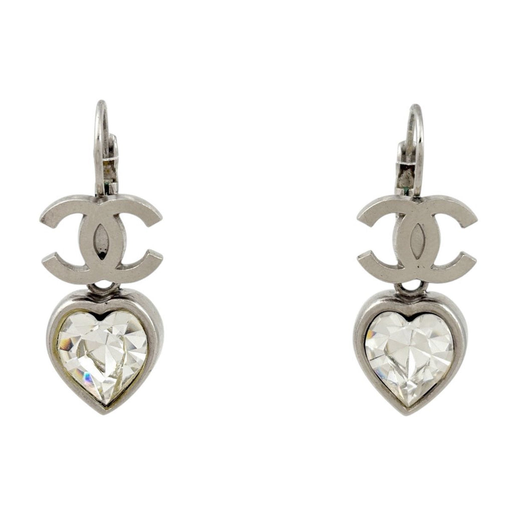 Chanel CC Logo Earrings Heart Swing Silver Plated