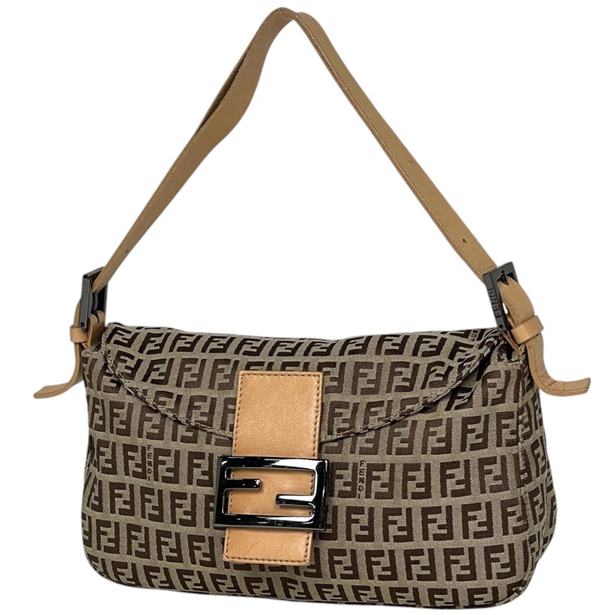Fendi Zucchino Pattern Shoulder Bag Mamma Baguette Canvas Beige