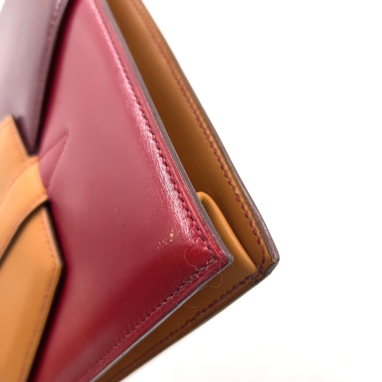 Hermes Faco Box Calf Beige Bordeaux Red Clutch Gold — view 8