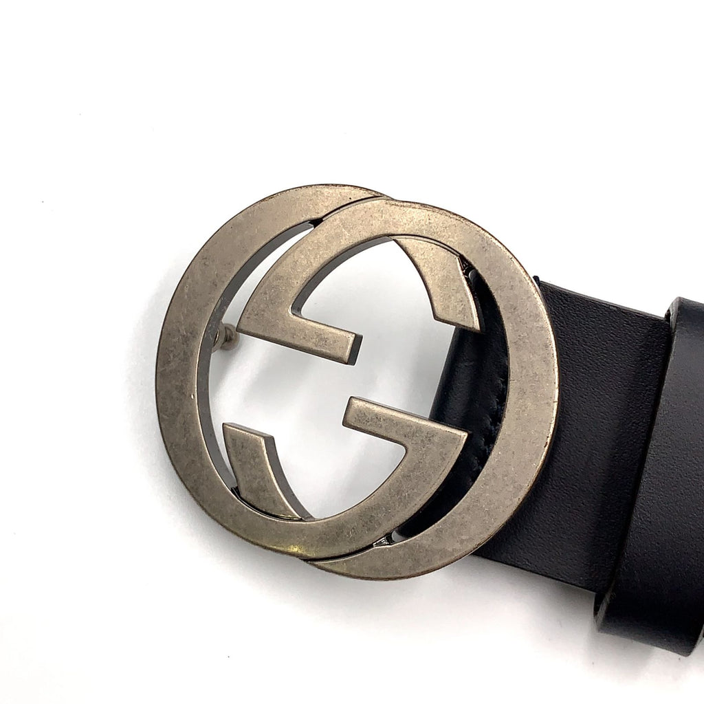 Gucci Interlocking Buckle Leather Black Belt Silver — view 9