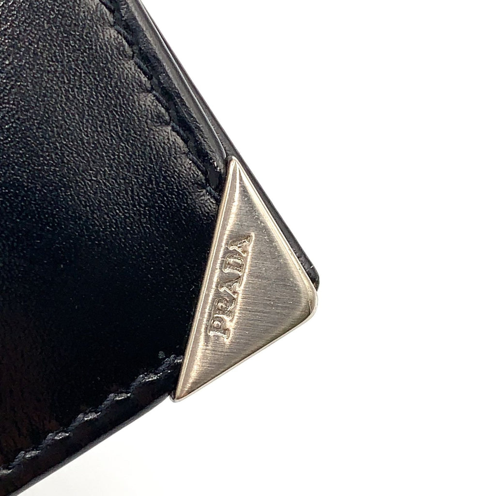 Prada Corner Metal Logo Leather Black Bifold Wallet Silver — view 9