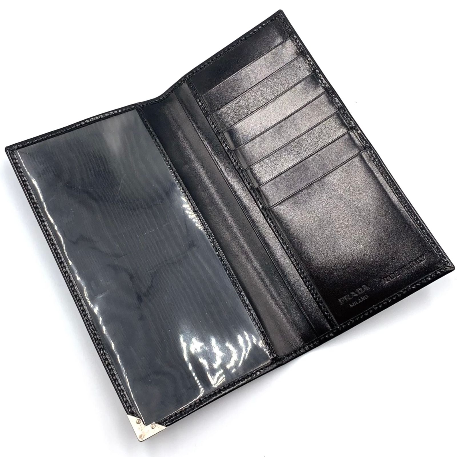 Prada Corner Metal Logo Leather Black Bifold Wallet Silver — view 3