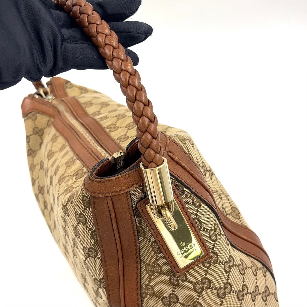 Gucci Bella Bamboo Tassel Leather Canvas Beige Light Brown Shoulder Bag Gold — view 6