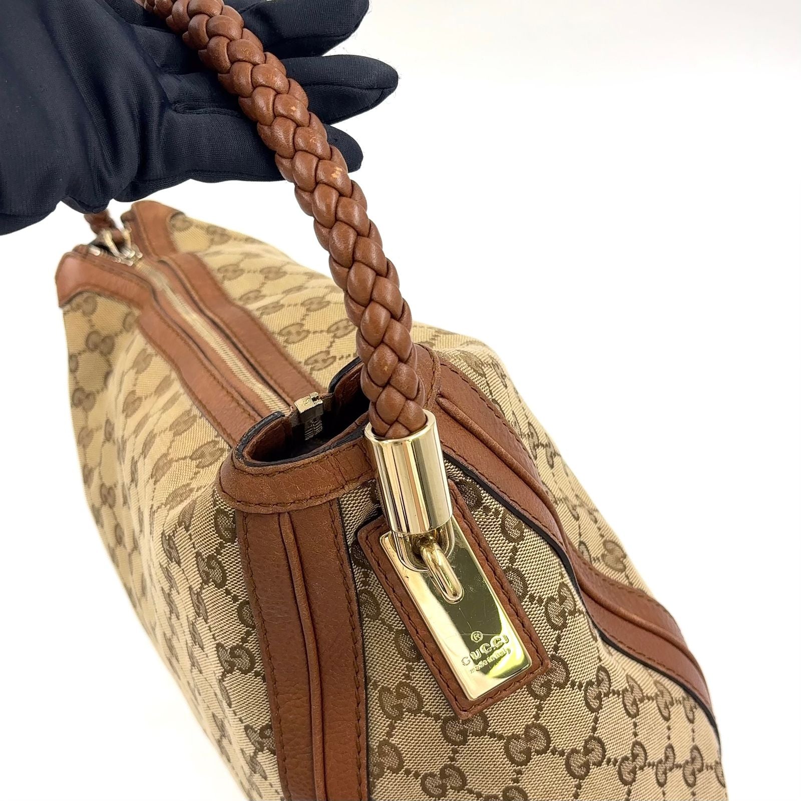 Gucci Bella Bamboo Tassel Leather Canvas Beige Light Brown Shoulder Bag Gold — view 6