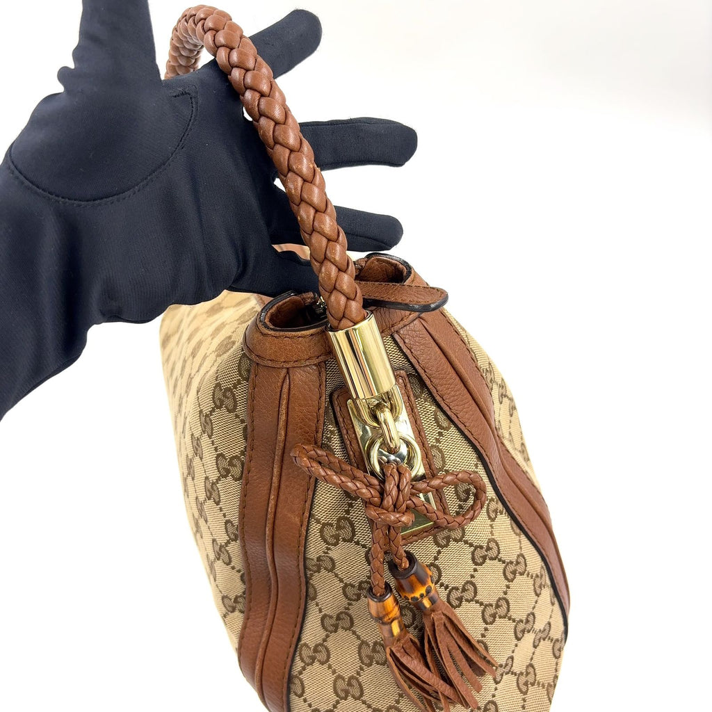 Gucci Bella Bamboo Tassel Leather Canvas Beige Light Brown Shoulder Bag Gold — view 7
