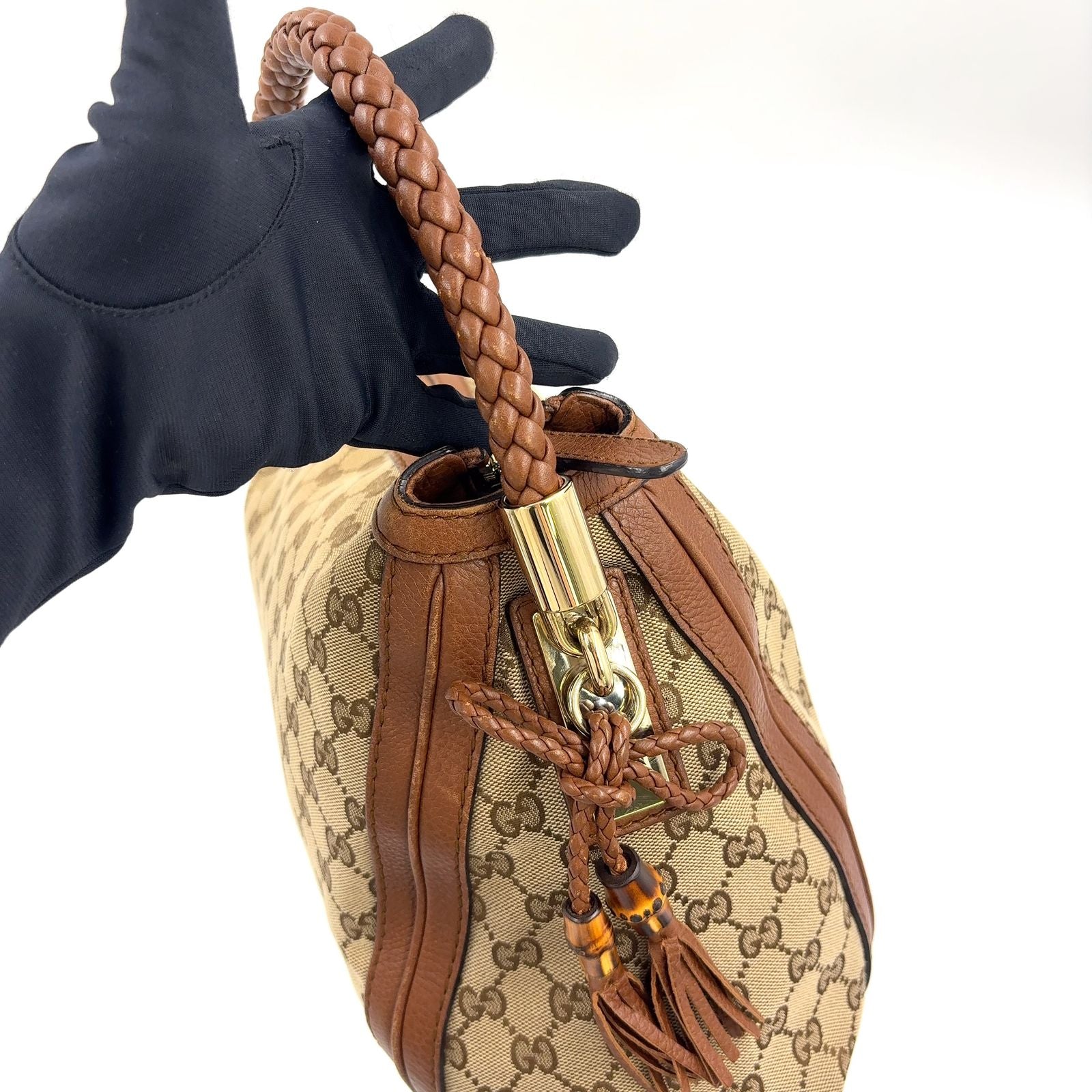 Gucci Bella Bamboo Tassel Leather Canvas Beige Light Brown Shoulder Bag Gold — view 7
