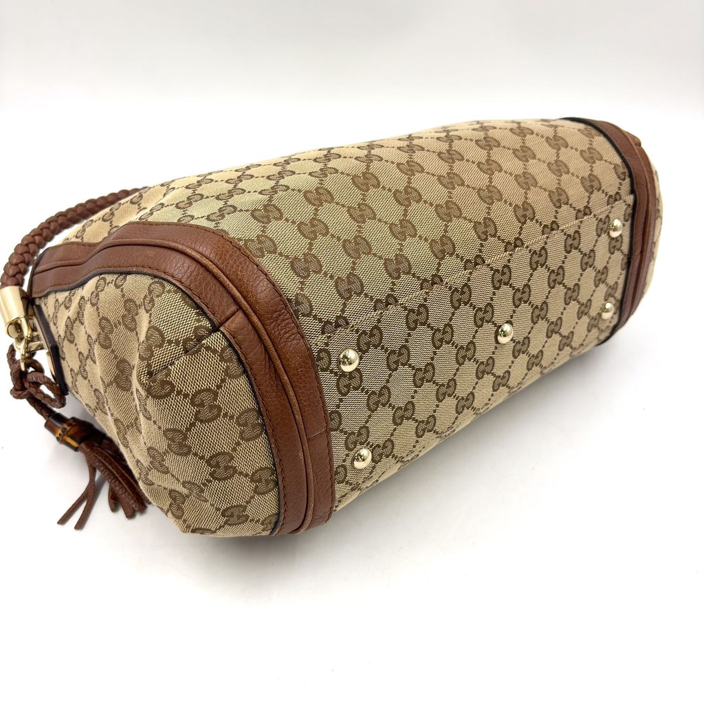 Gucci Bella Bamboo Tassel Leather Canvas Beige Light Brown Shoulder Bag Gold — view 9