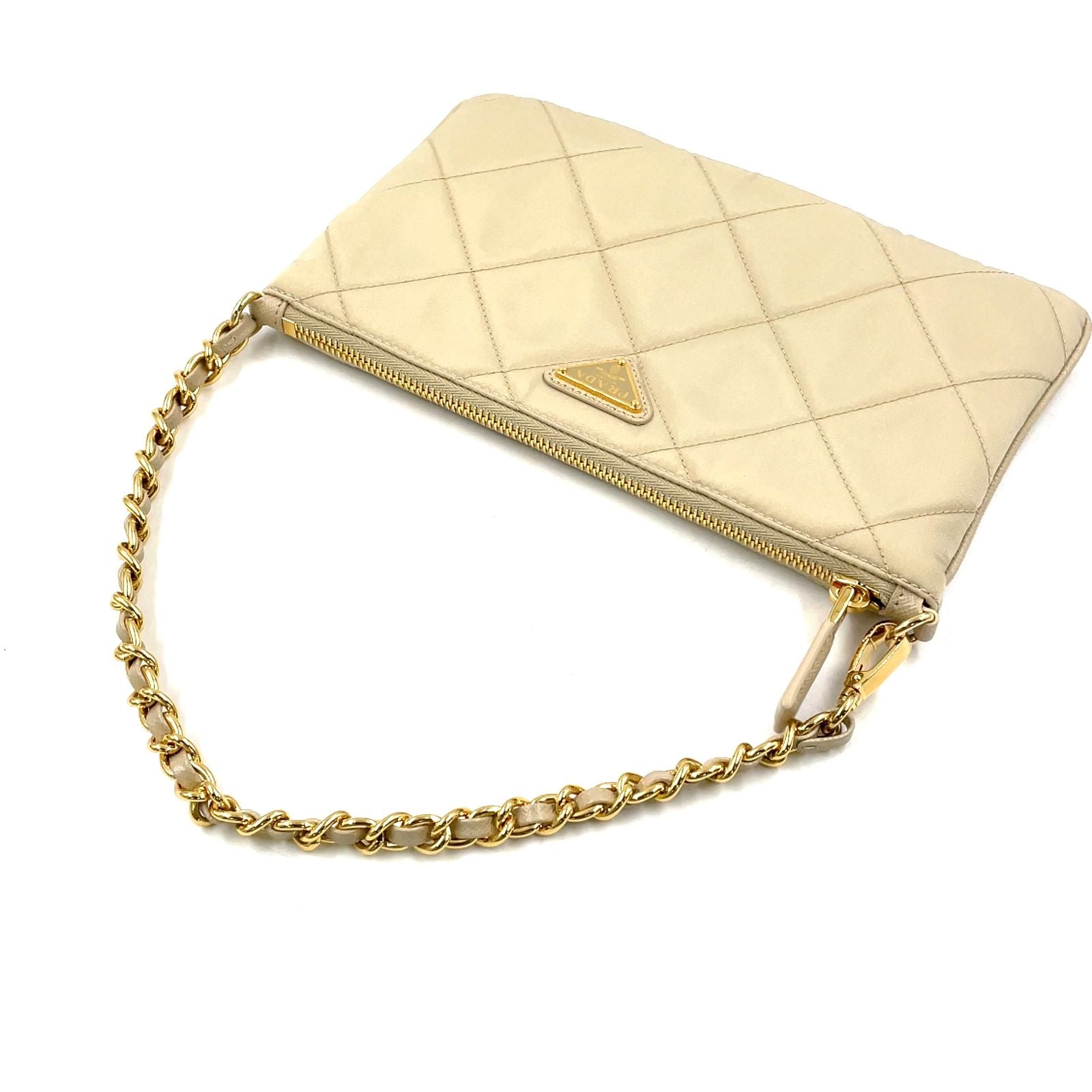 Prada Triangle Logo Nylon Beige Handbag Gold — view 5
