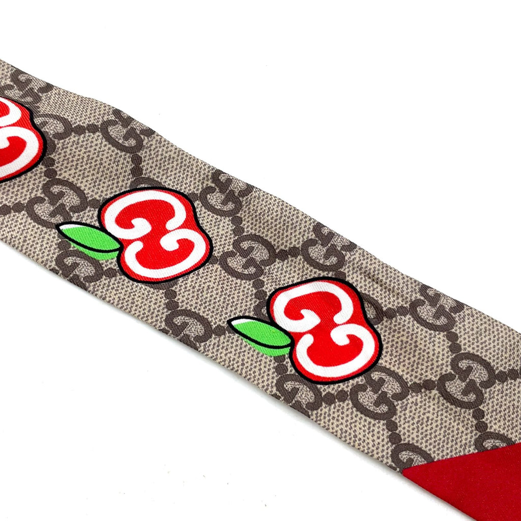 Gucci GG Apple Collection Neck Bow Ribbon Silk Beige Red Scarf — view 4