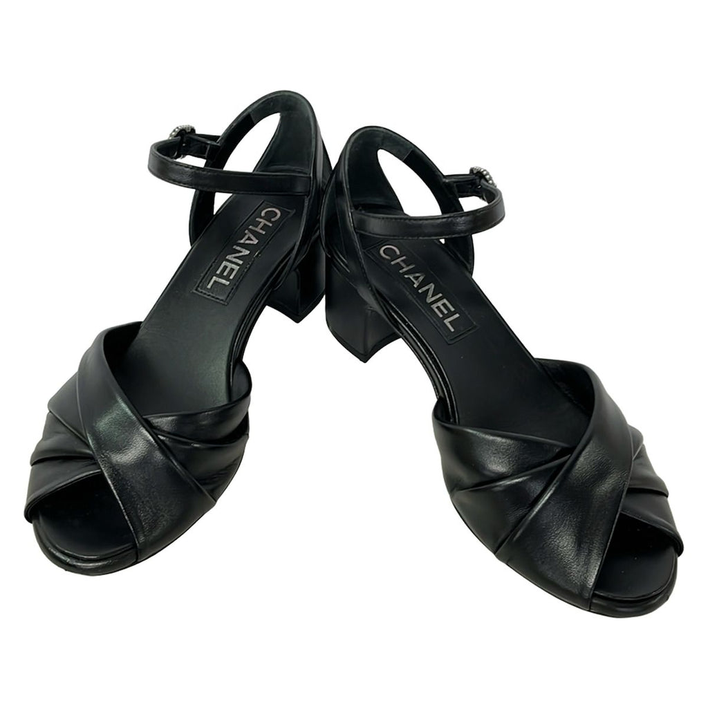 Chanel Sandals 35.5 C Black CC Logo Faux Pearl Leather