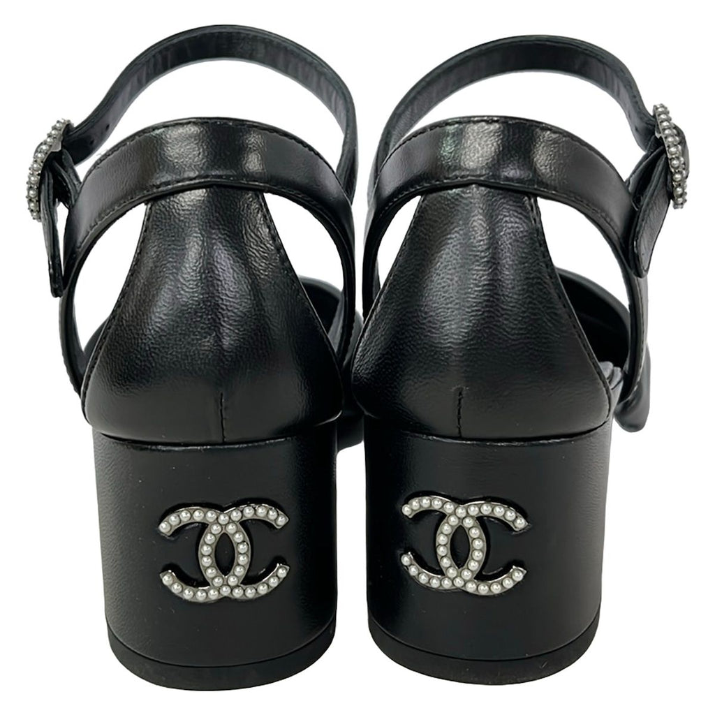 Chanel Sandals 35.5 C Black CC Logo Faux Pearl Leather — view 3