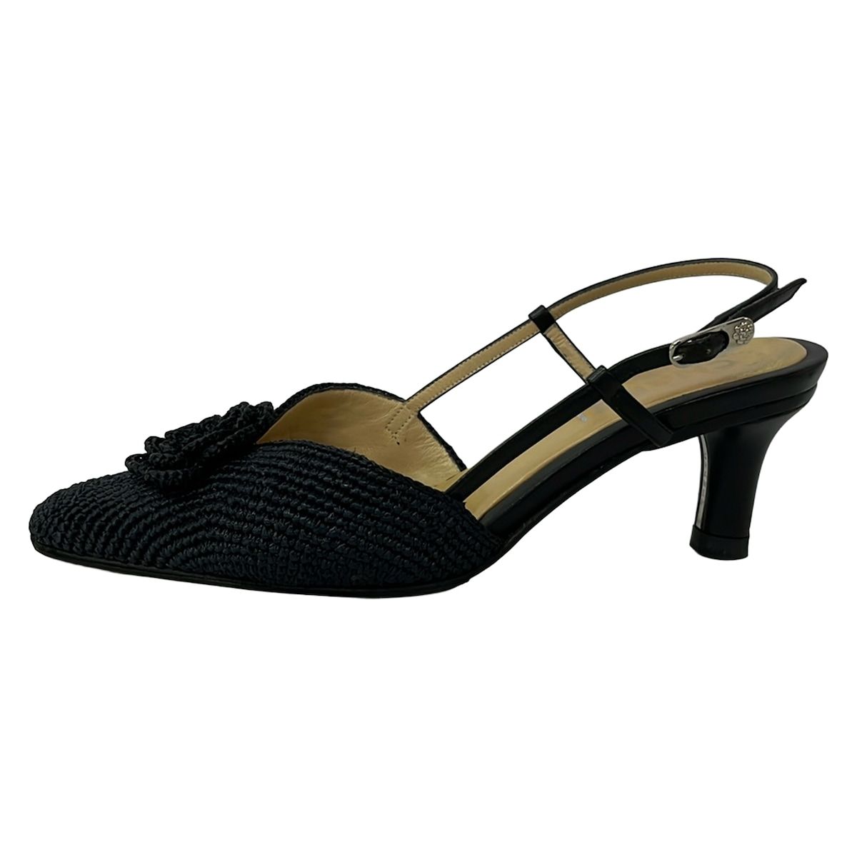 Chanel Sandals 35.5 C Camellia Dark Navy Ivory CC Logo Outsole Upholstery