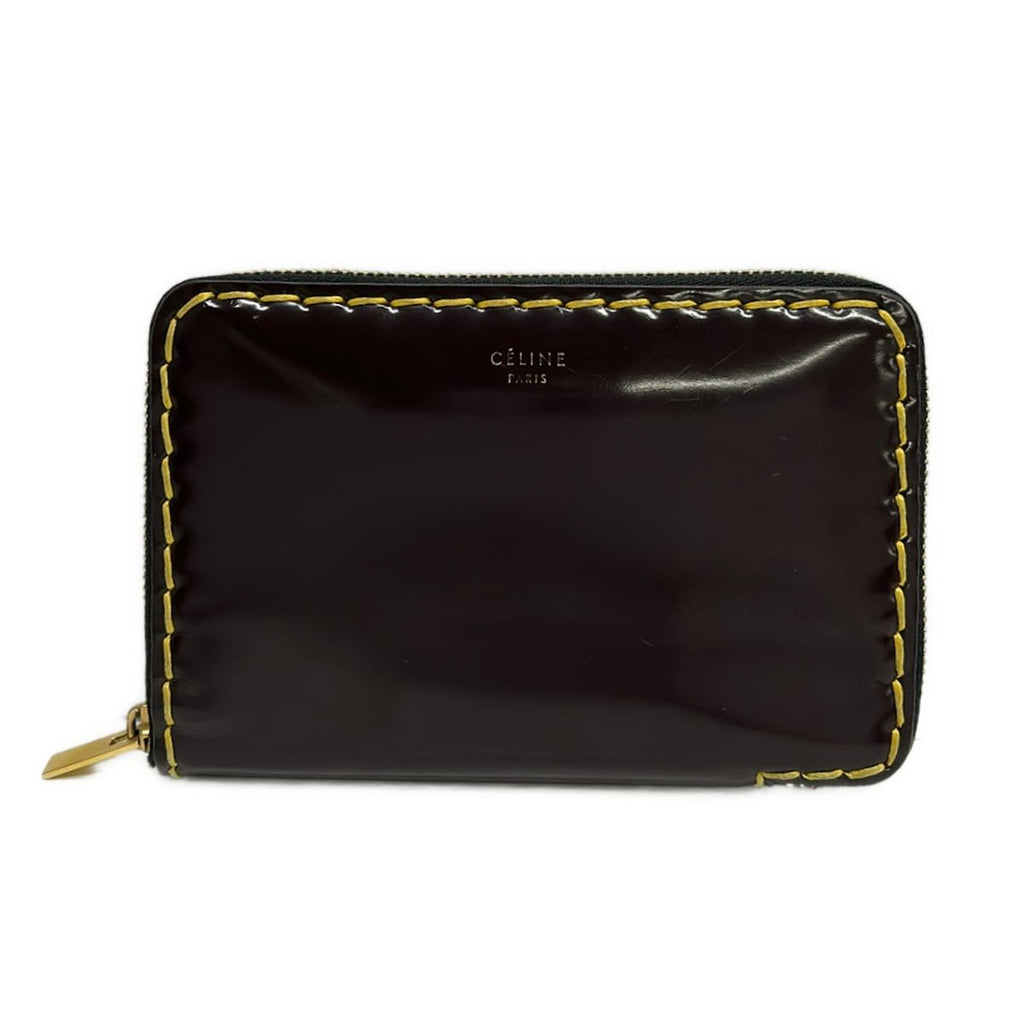 Celine Bifold Wallet Zip Around Dark Brown Yellow Leather