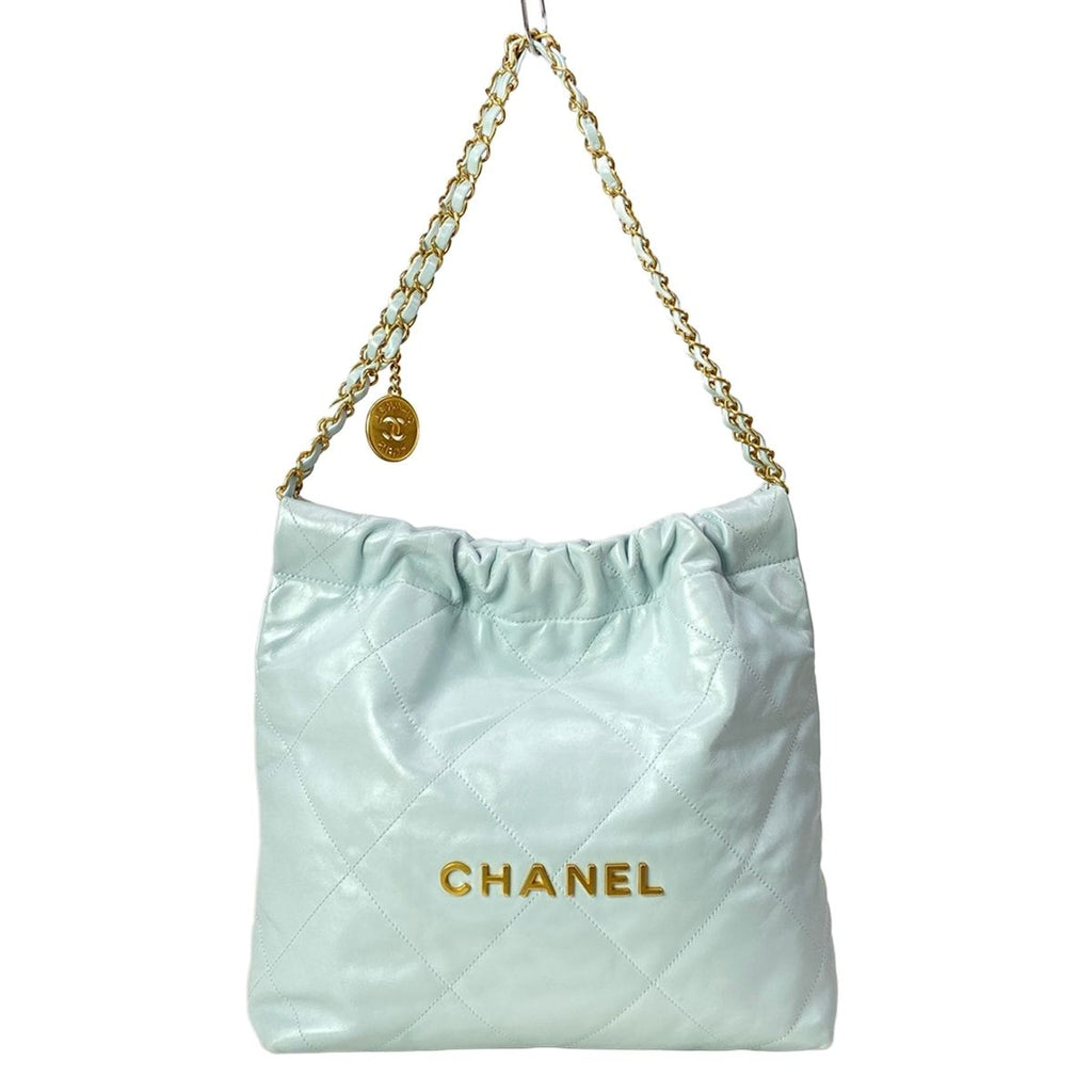 Chanel Handbag 22 Small Light Blue Gold