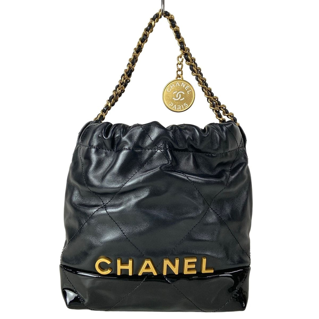 Chanel Handbag 22 Mini Black Chain Handle Vintage Gold Metal