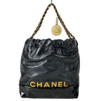 Chanel Handbag 22 Mini Black Chain Handle Vintage Gold Metal