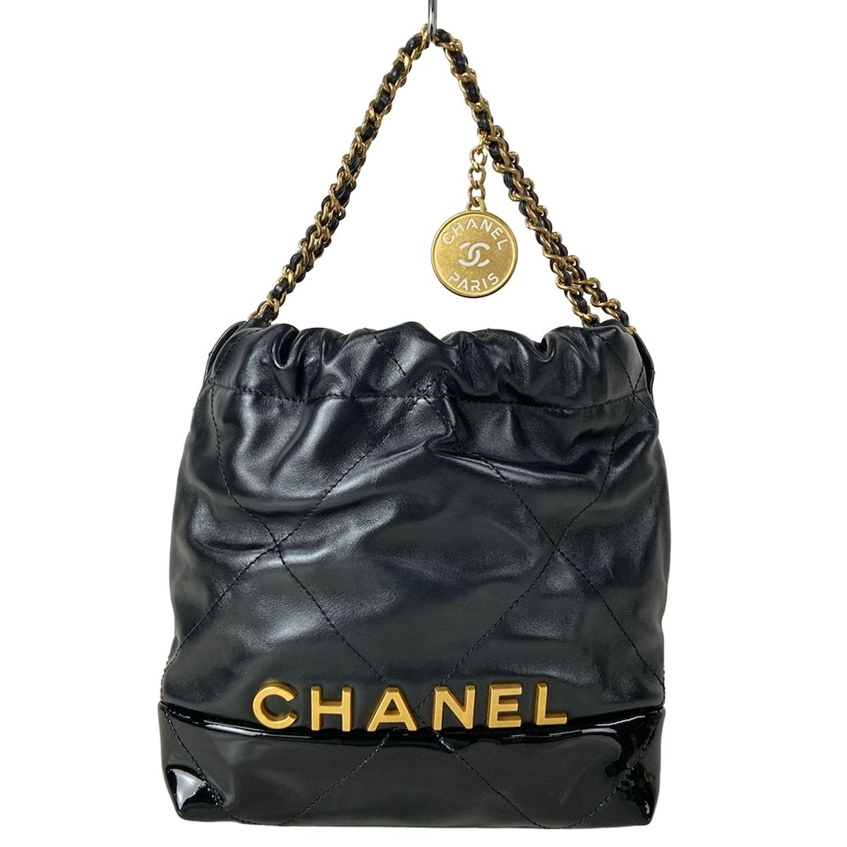 Chanel Handbag 22 Mini Black Chain Handle Vintage Gold Metal