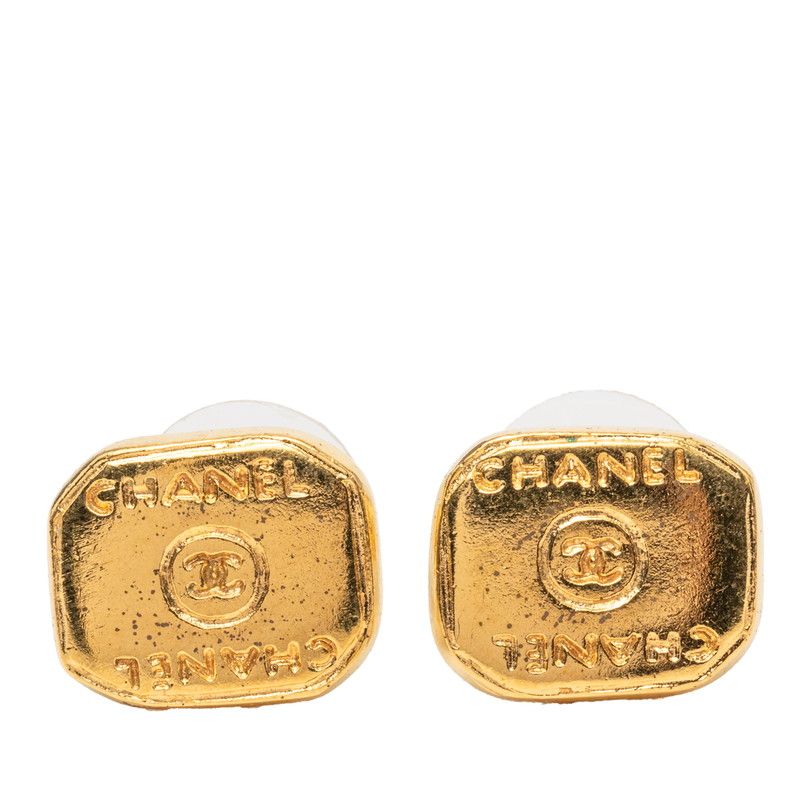 Chanel CC Logo Stud Earrings Vintage Gold Plated